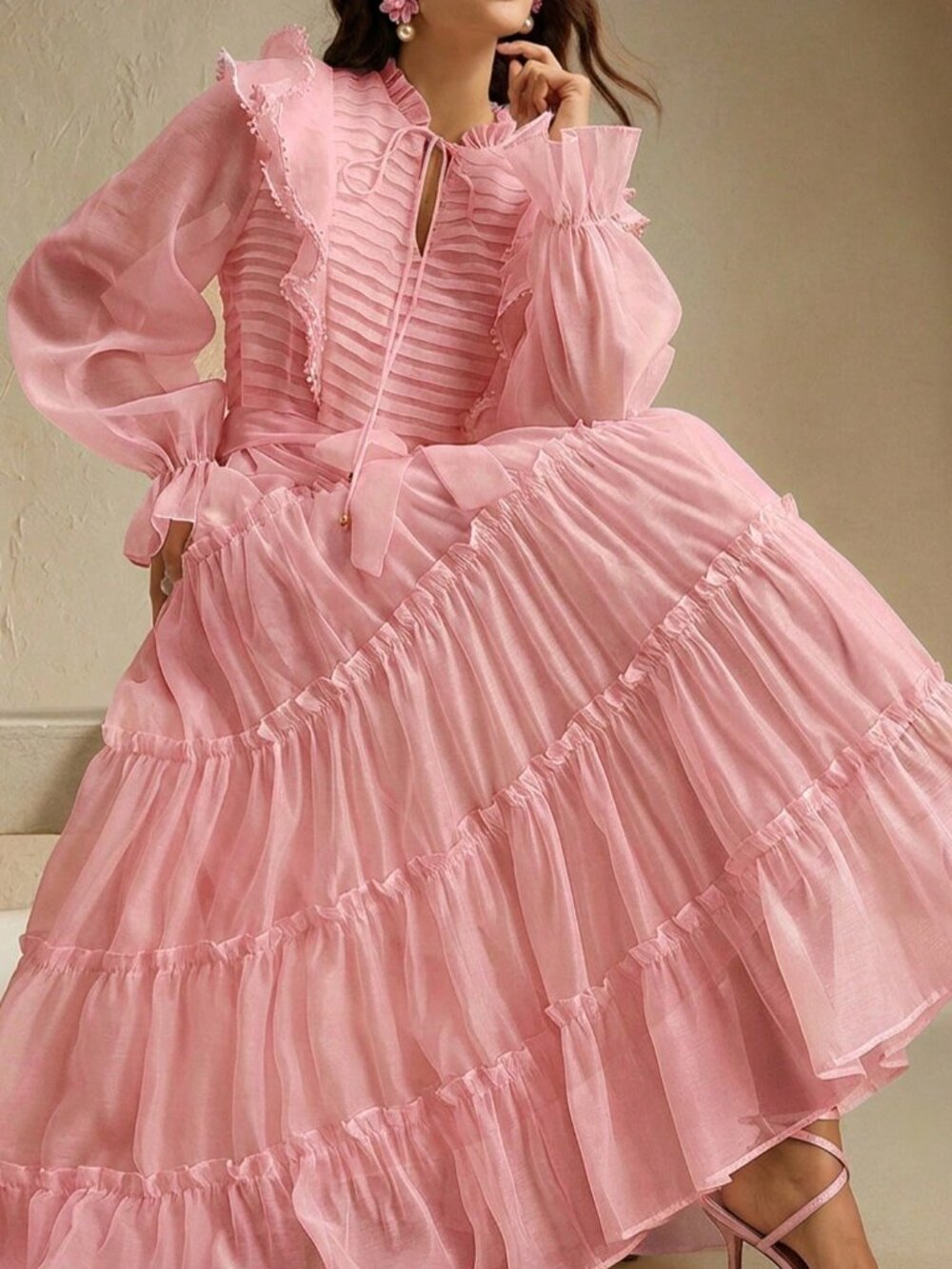Pink Elegant Women's Elaire Tea Party Flounce Hem Layered Ruffle Dress